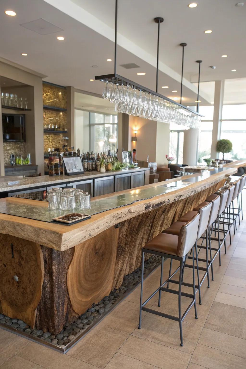 A natural-edge bar beautifully mixed with modern metal and glass aspects, crafting a fresh aesthetic.