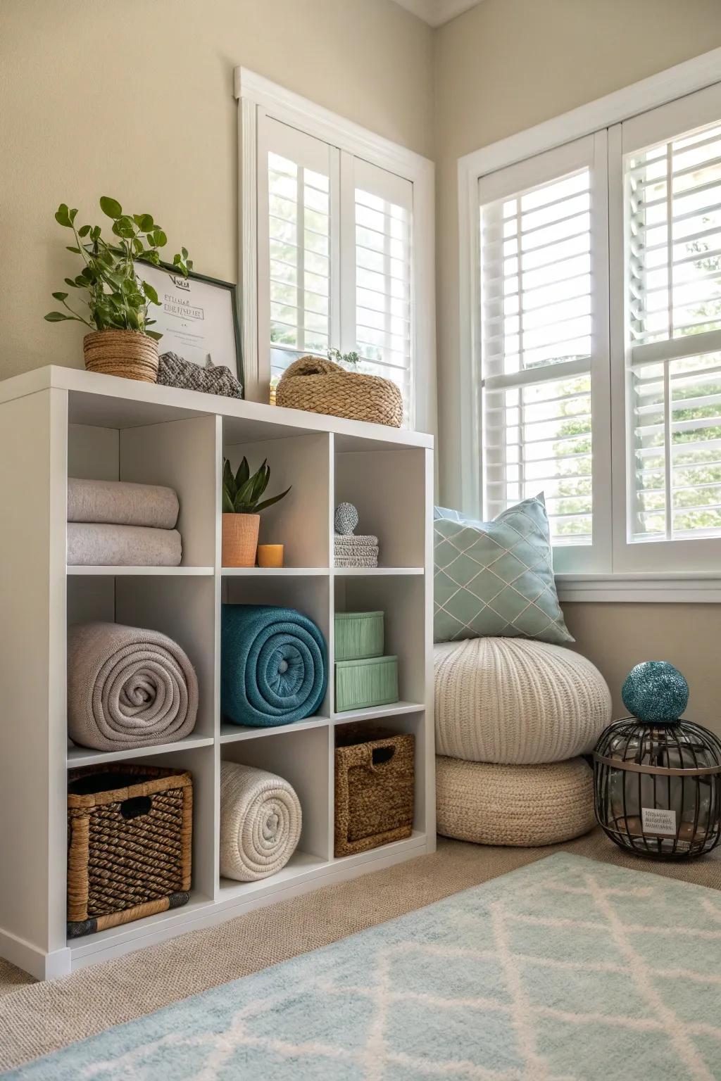 A tranquil mindfulness nook using cube storage to cultivate a serene atmosphere.