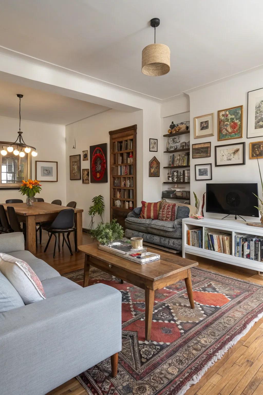 A mix of modern and classic styles crafts a lively yet unified space.