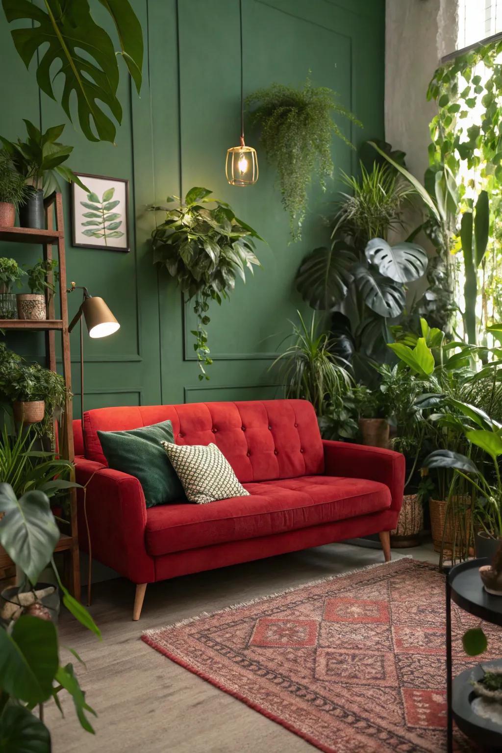 Flora brings a fresh and lively nuance to a room, enhancing the vibrant ruby settee.