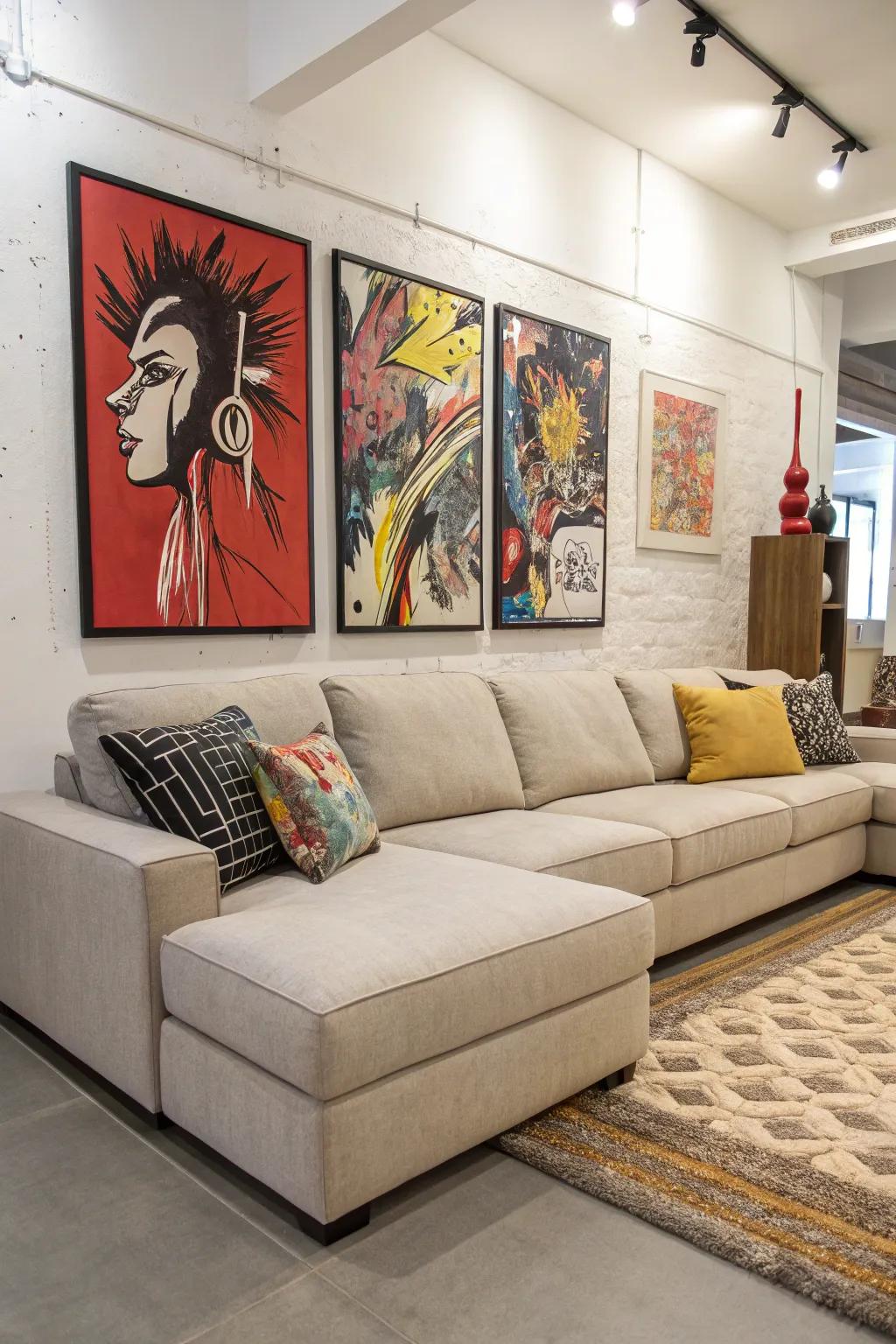 A statement wall enhances the impact of a sectional.