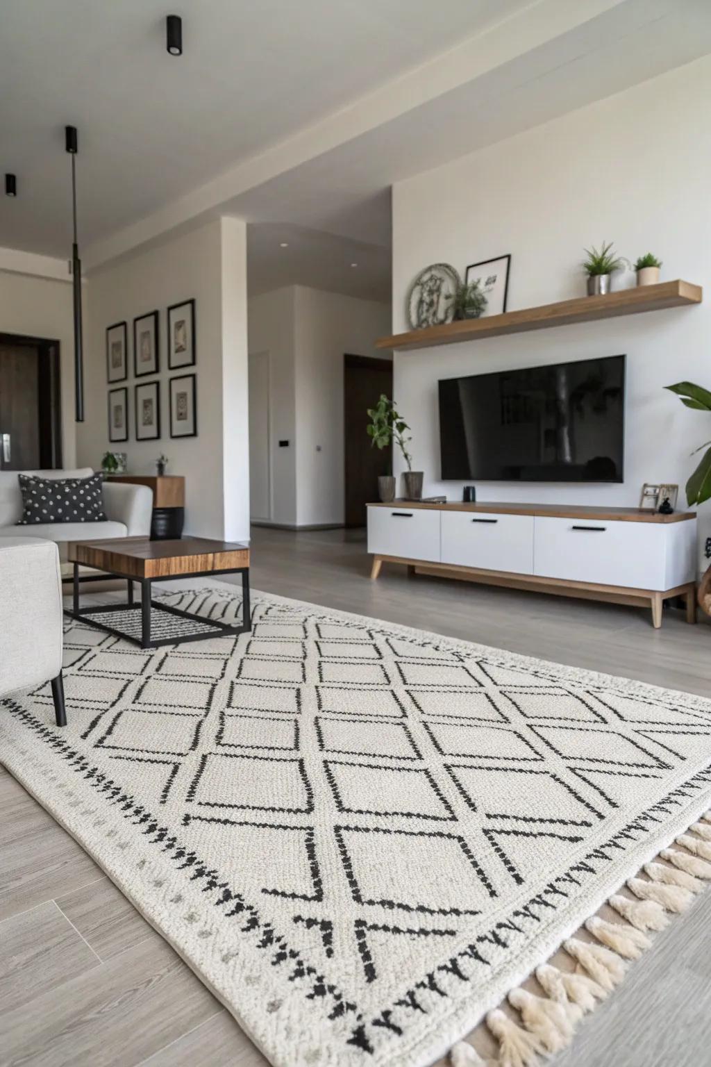 Monochrome rugs enhance modern minimalist designs.