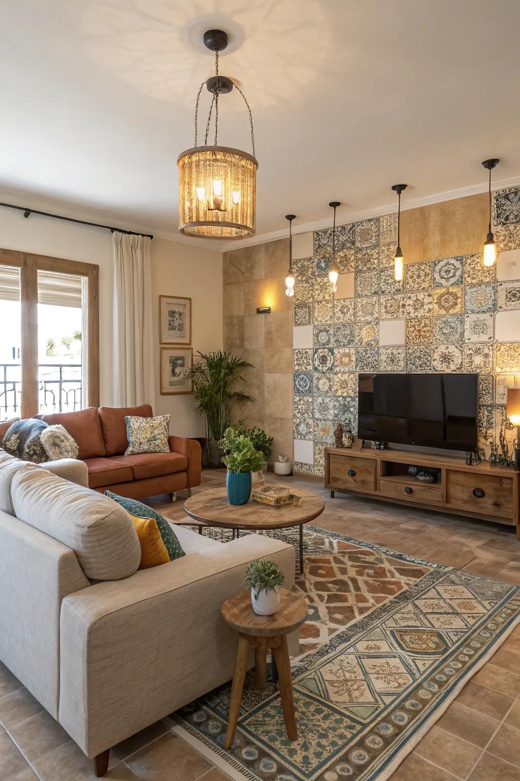 Balanced living room with warm and cool tone tiles.