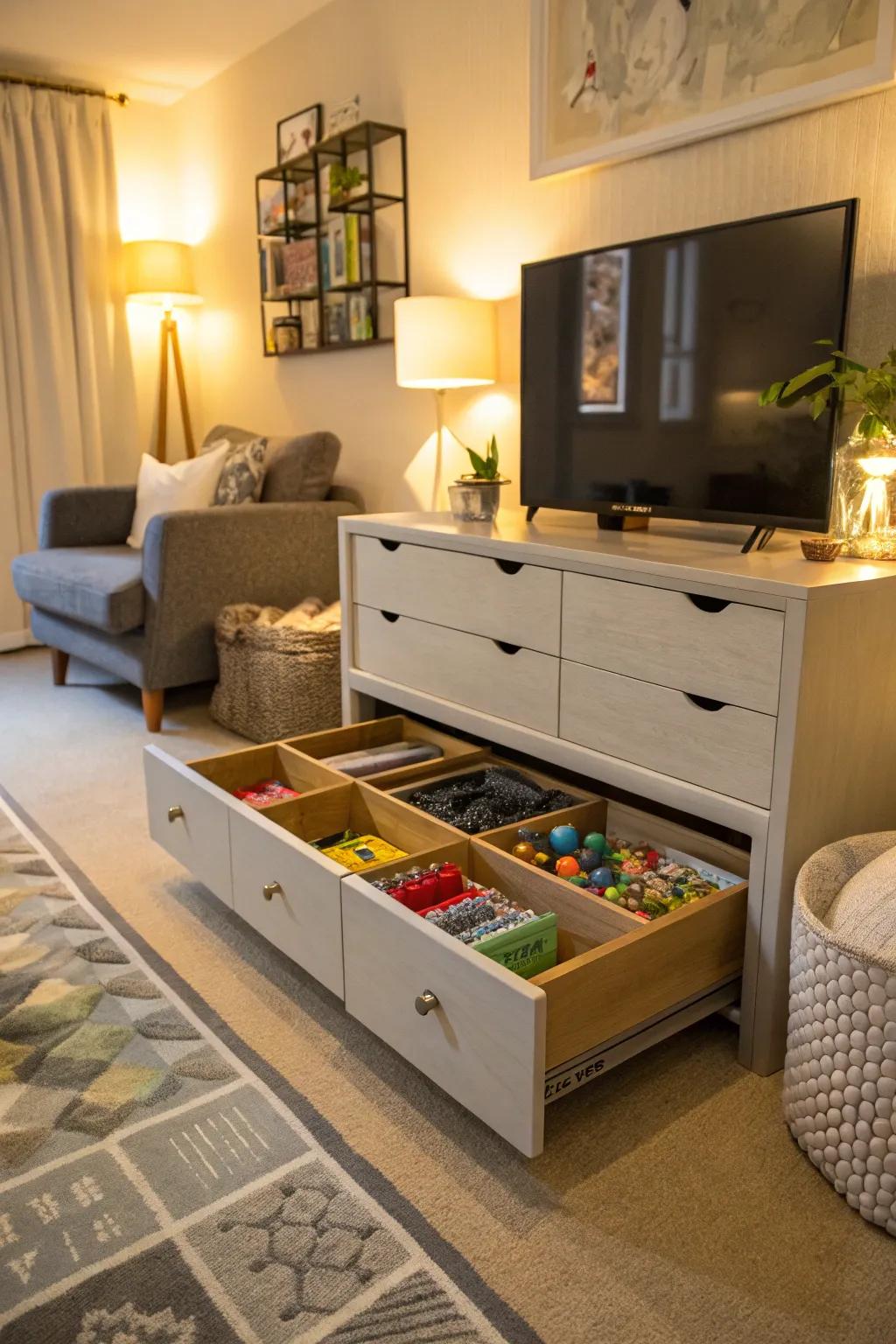 Drawer units provide arranged and accessible toy storage.