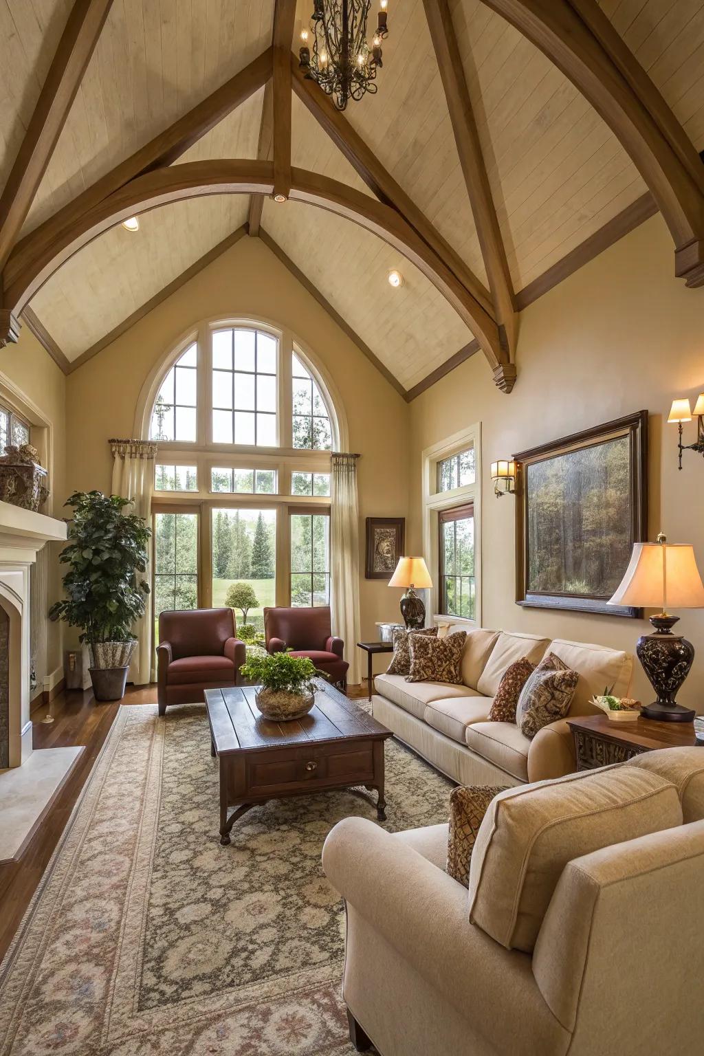 Inviting seating enhances the comfort of a vaulted room.