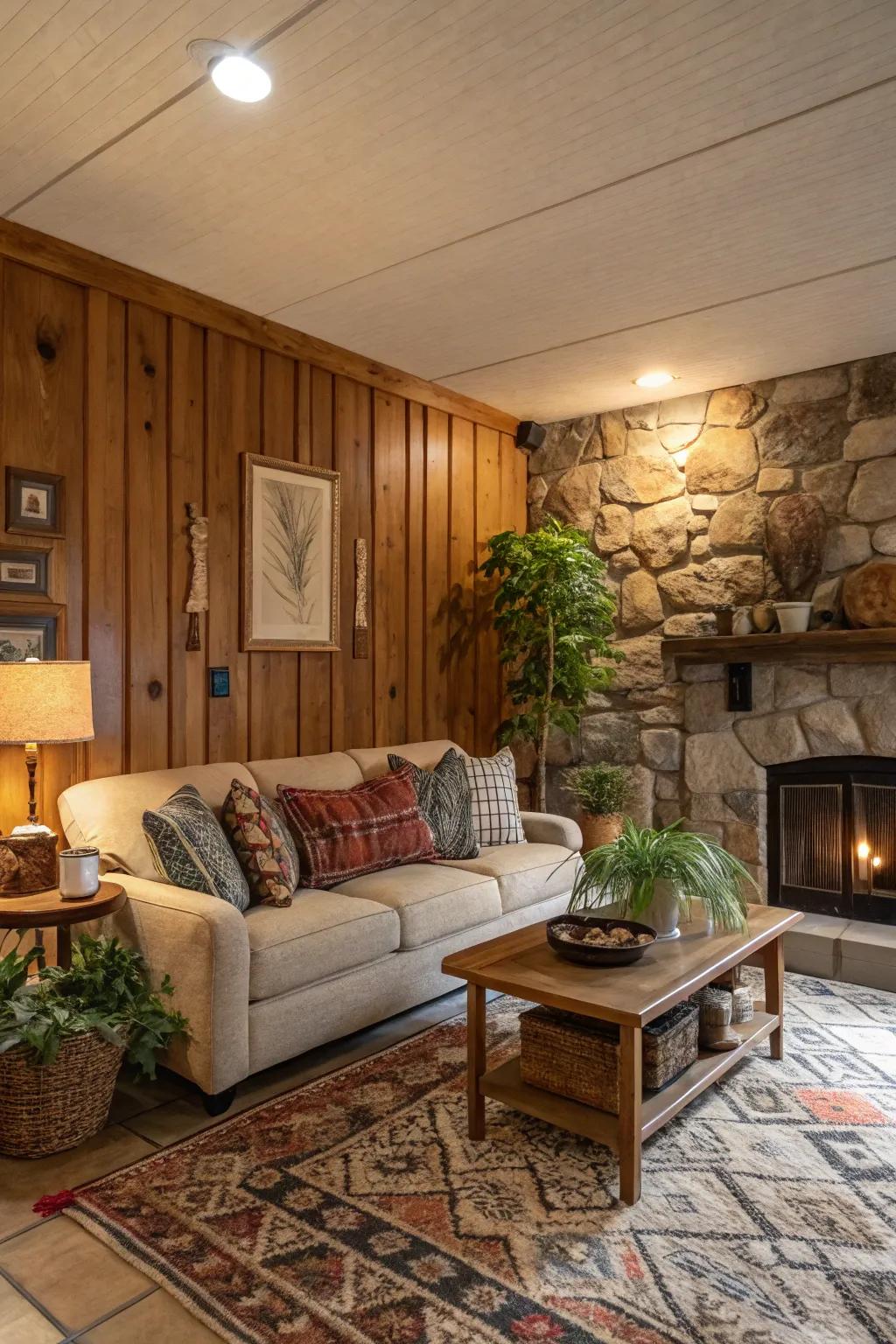 An integration of wood and stone cultivates a layered and lavish aesthetic.