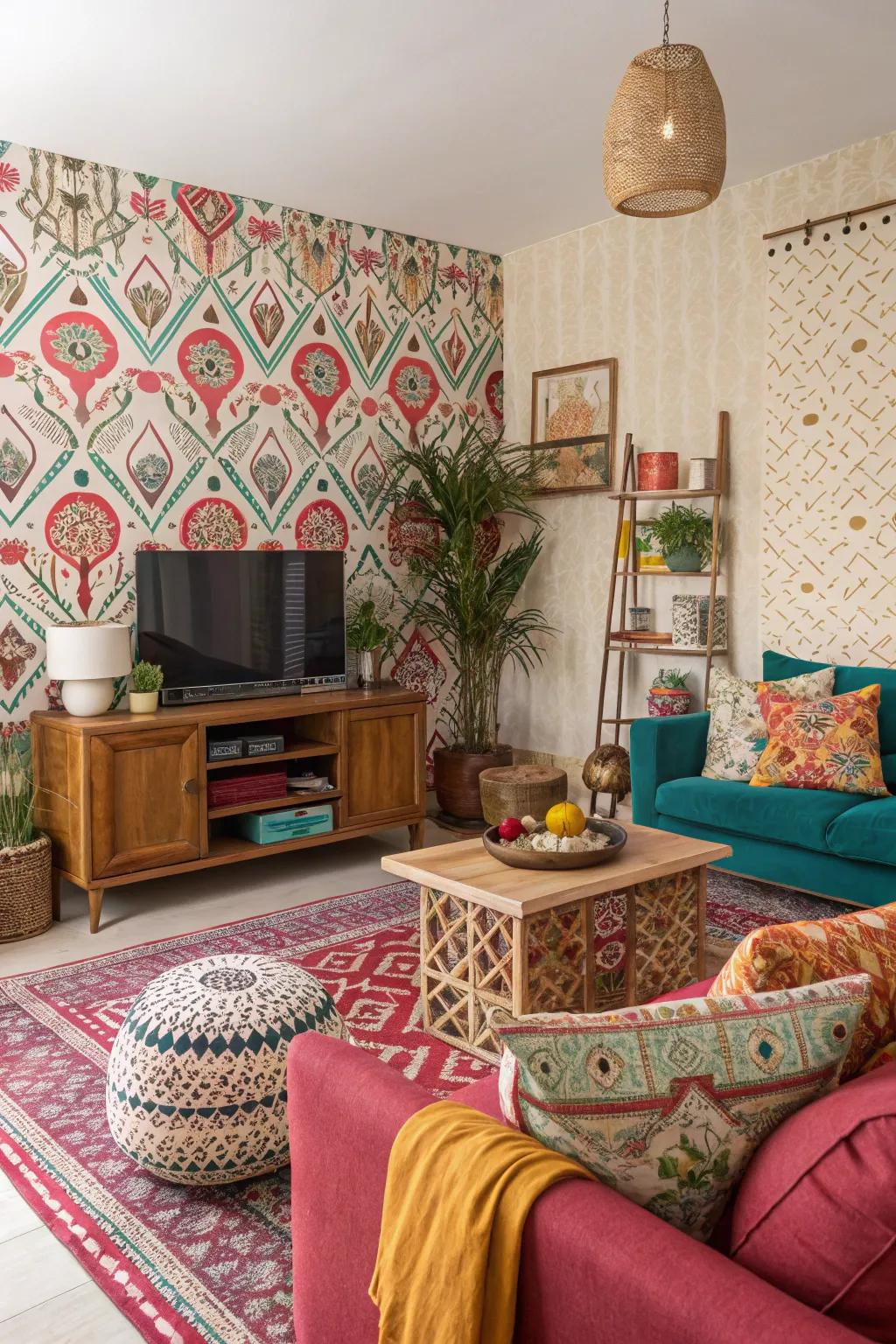 Your living area is infused with global charm through cultural patterns.