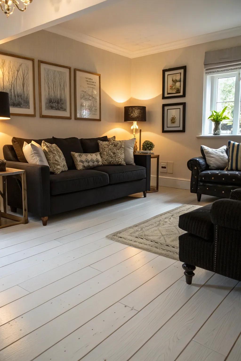Contrasting elements create a striking visual impact alongside white wood floors.