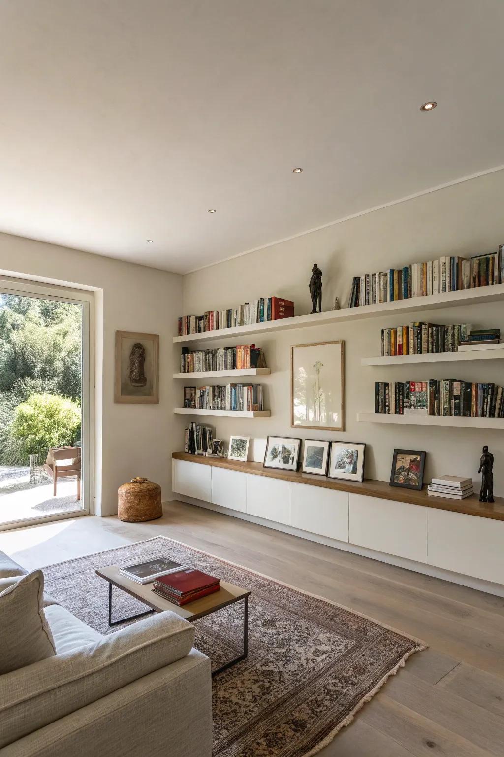 Flying shelves deliver a minimalist and airy aesthetic.