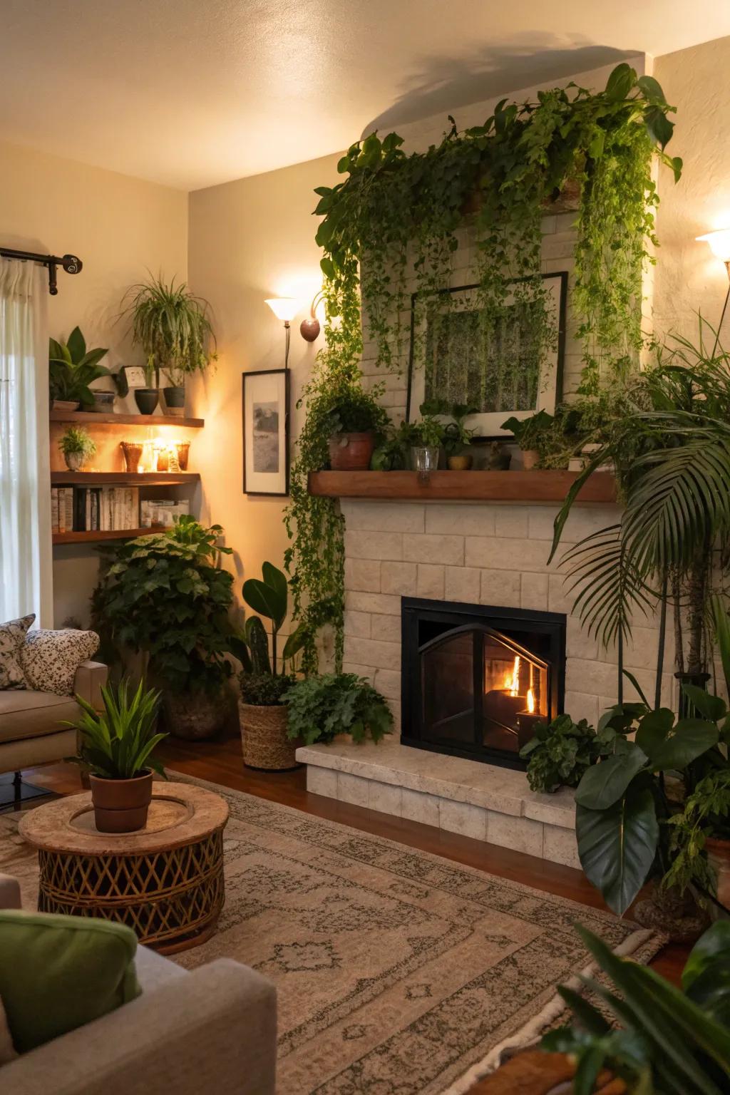A living space enriched with vibrant plants surrounding the hearth, adding a breath of fresh air.
