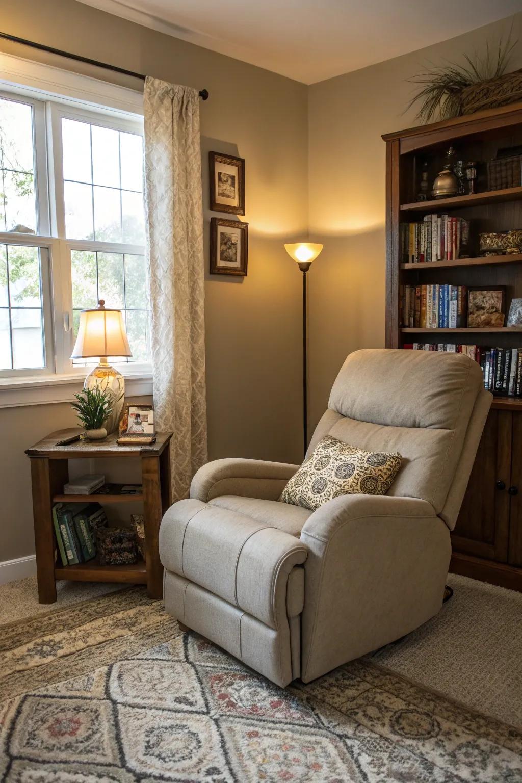 An intelligent utilization of space by incorporating a corner recliner in a compact living room.