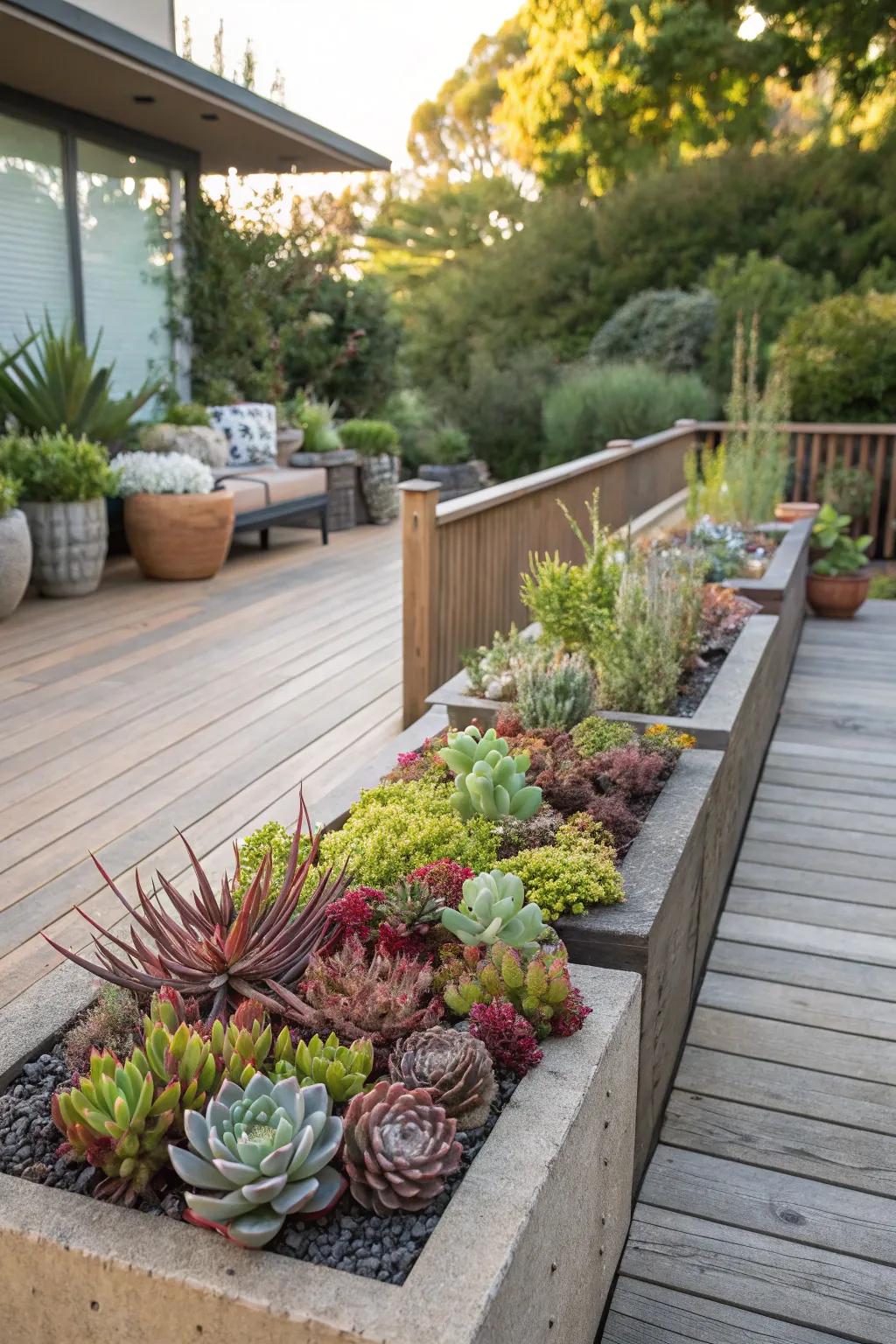 Succulents thriving in elevated planters near a deck.