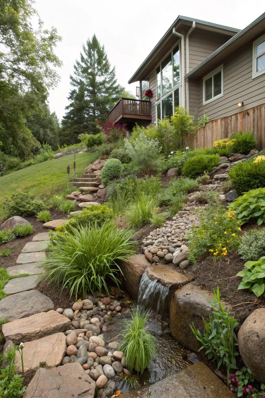 Rain gardens bring together beauty with environmental benefits on sloping landscapes.
