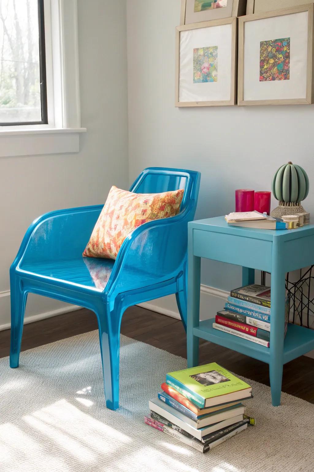 Bright-colored acrylic furniture energizes spaces.