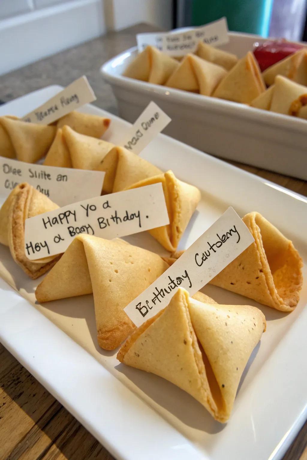 Fortune treats with custom messages, a delightful and personal party favor.