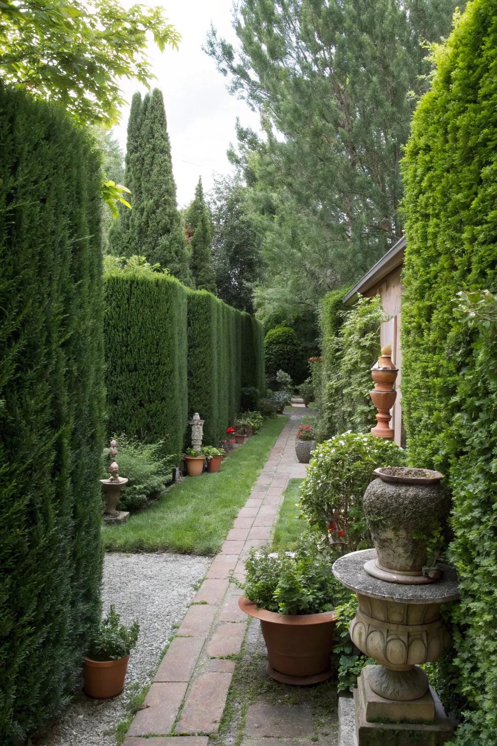 Tall hedges creating a private retreat in the backyard.