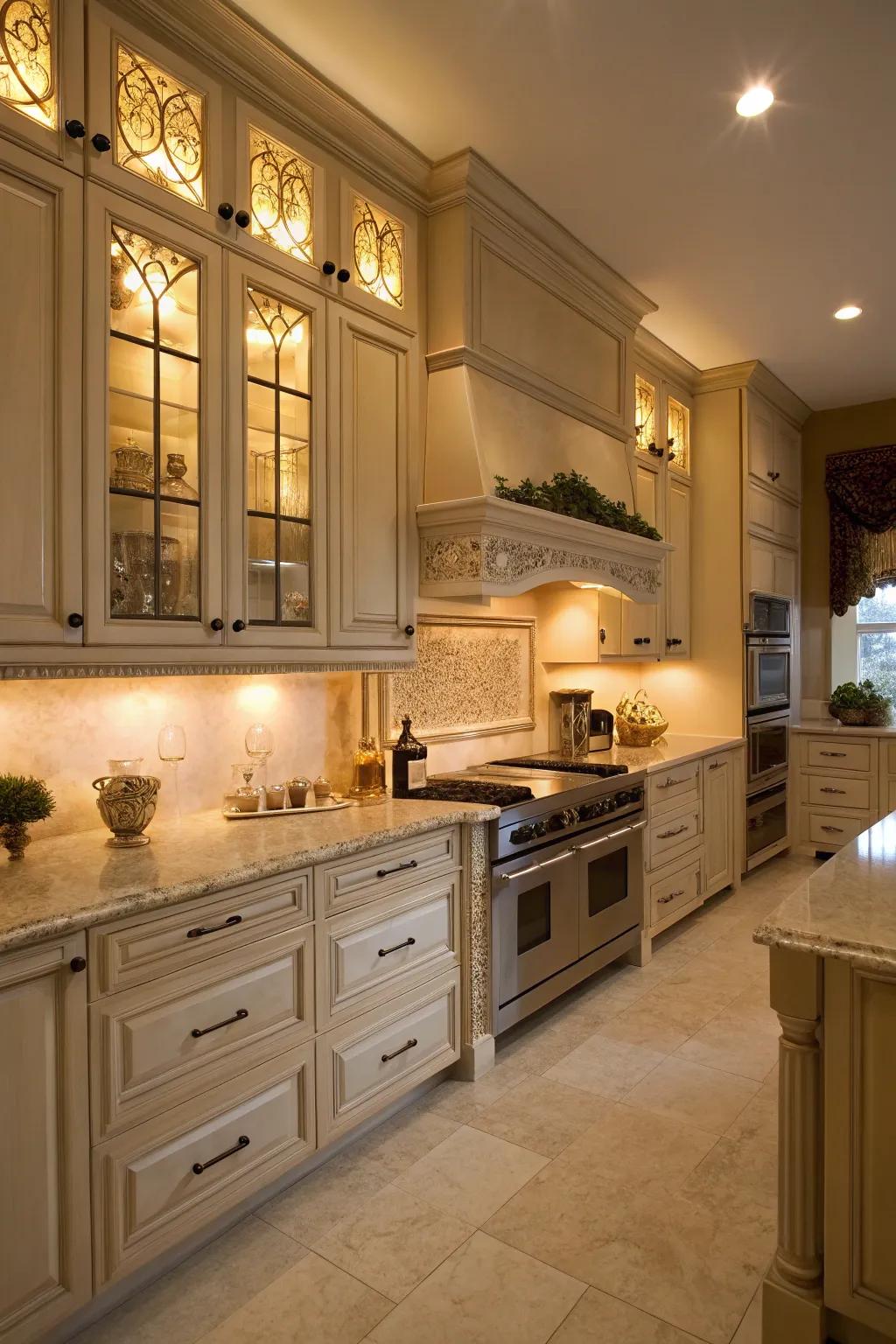 Luminescence-emitting cabinets infuse warmth and highlight accents.