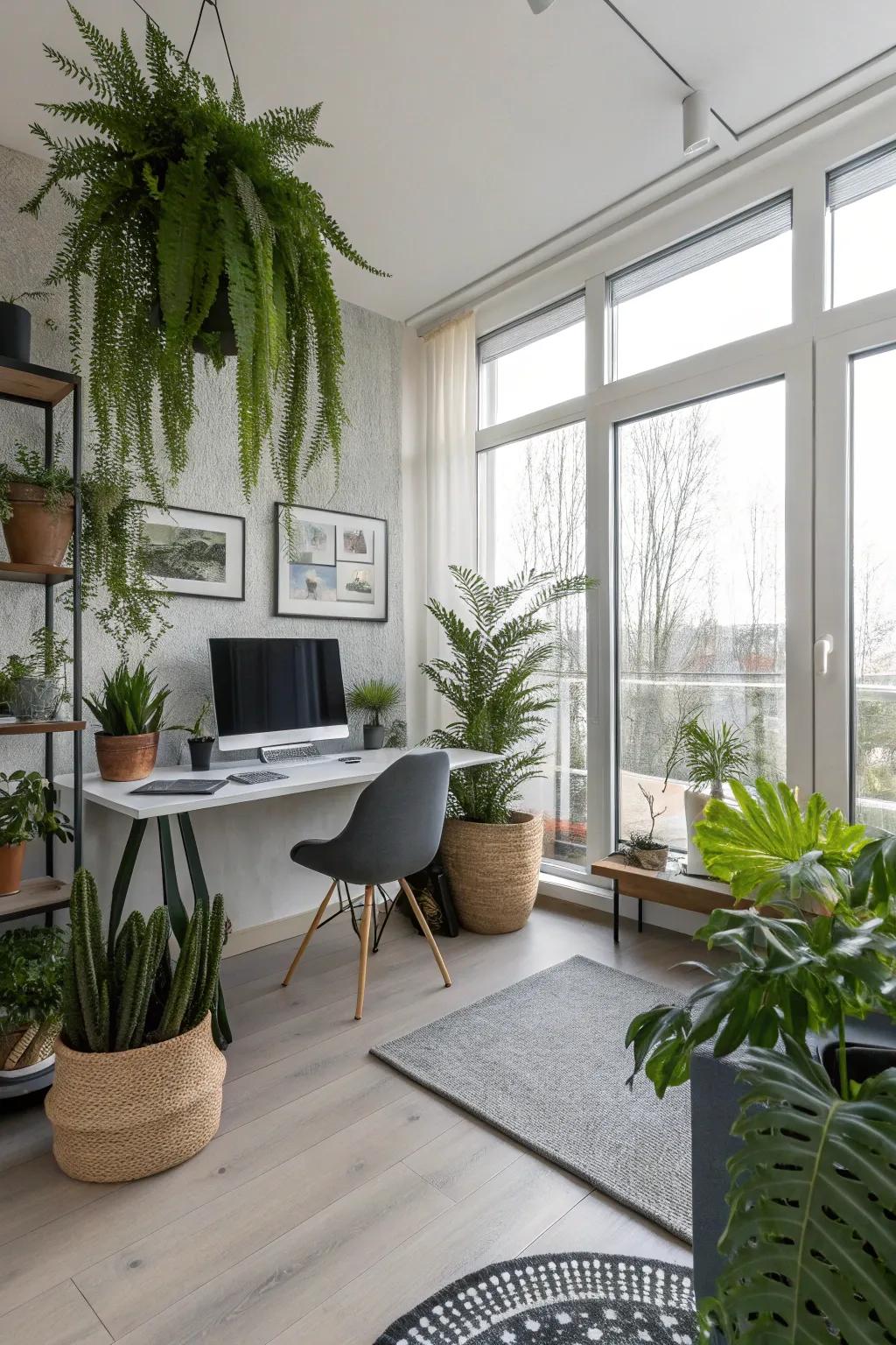 A home office enriched by the addition of indoor greenery.