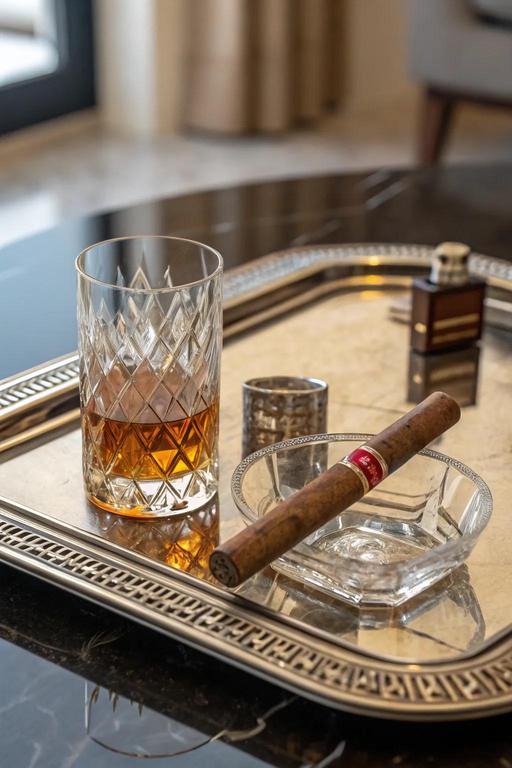 A cigar and whiskey tray combines elegance with functionality.
