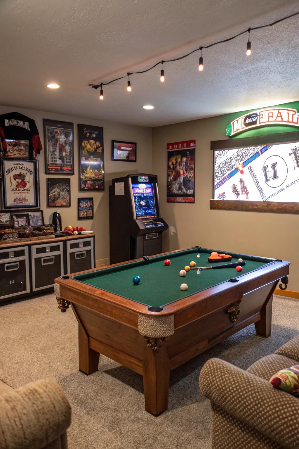 Games and recreational features make this man cave a lively space.
