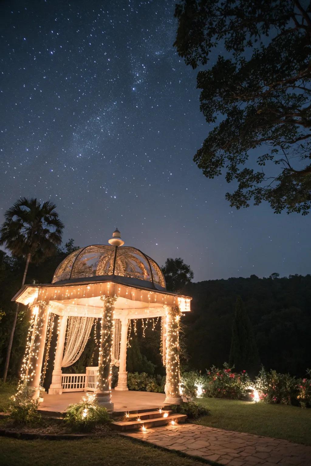 Glimmering lights create a mesmerizing radiance for an evening altar.