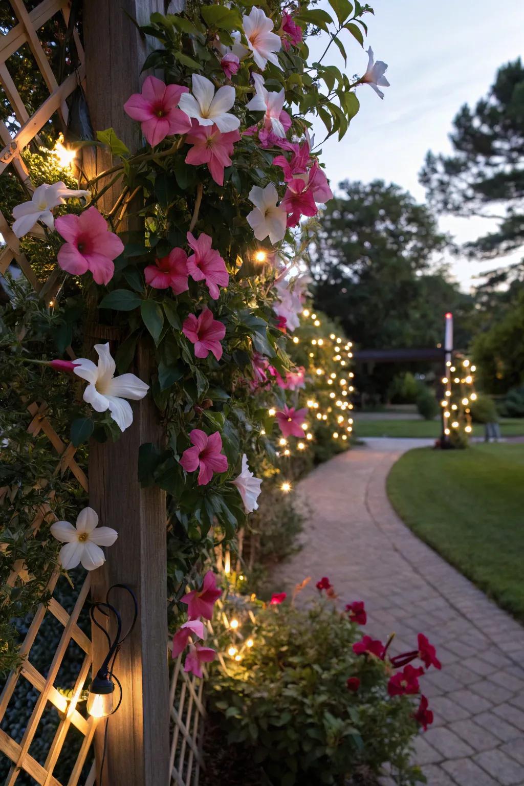 A solar-lit support featuring blushing trumpet vine fashions a magical nighttime garden tableau.