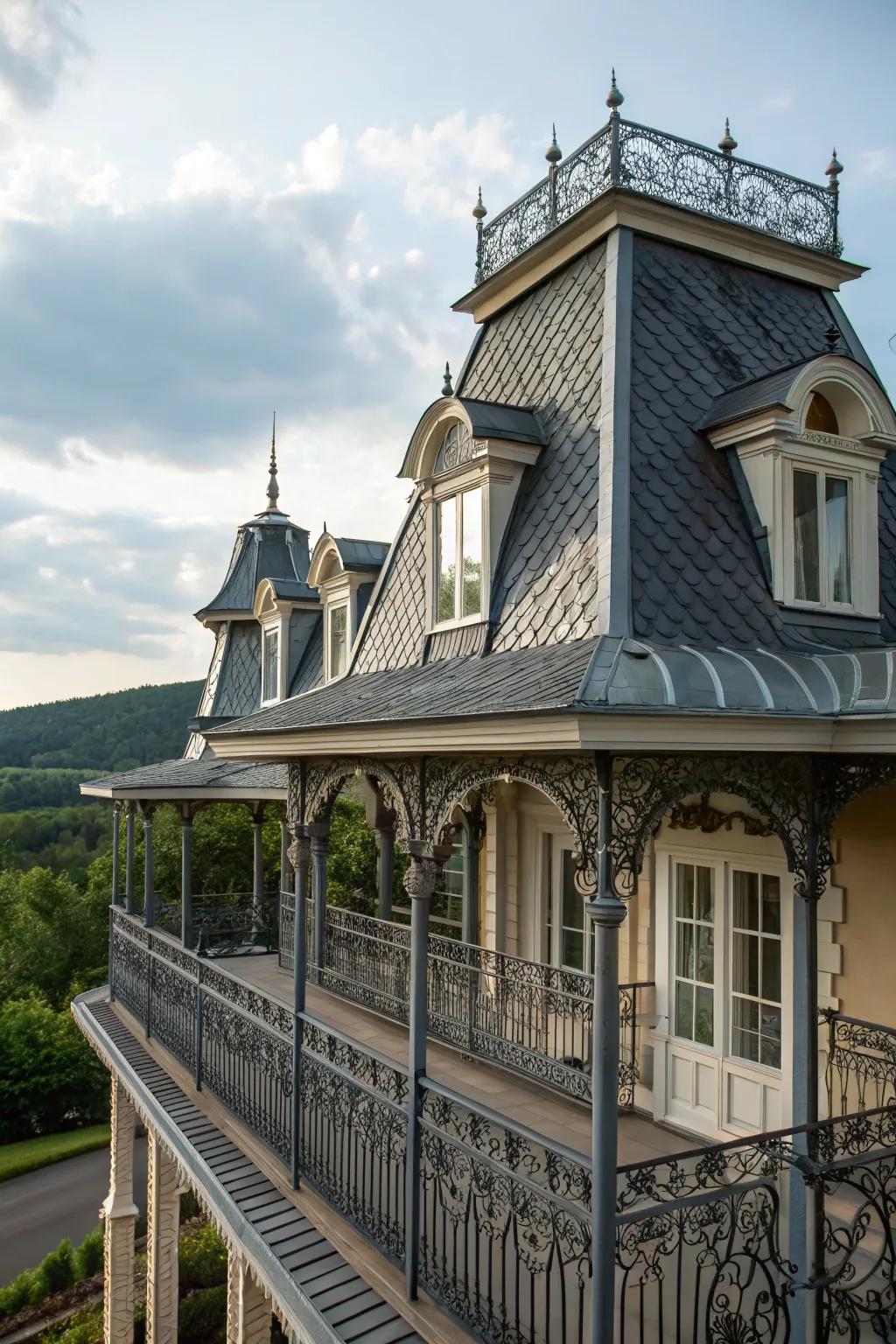 Design elements elevate the style of this mansard roof.