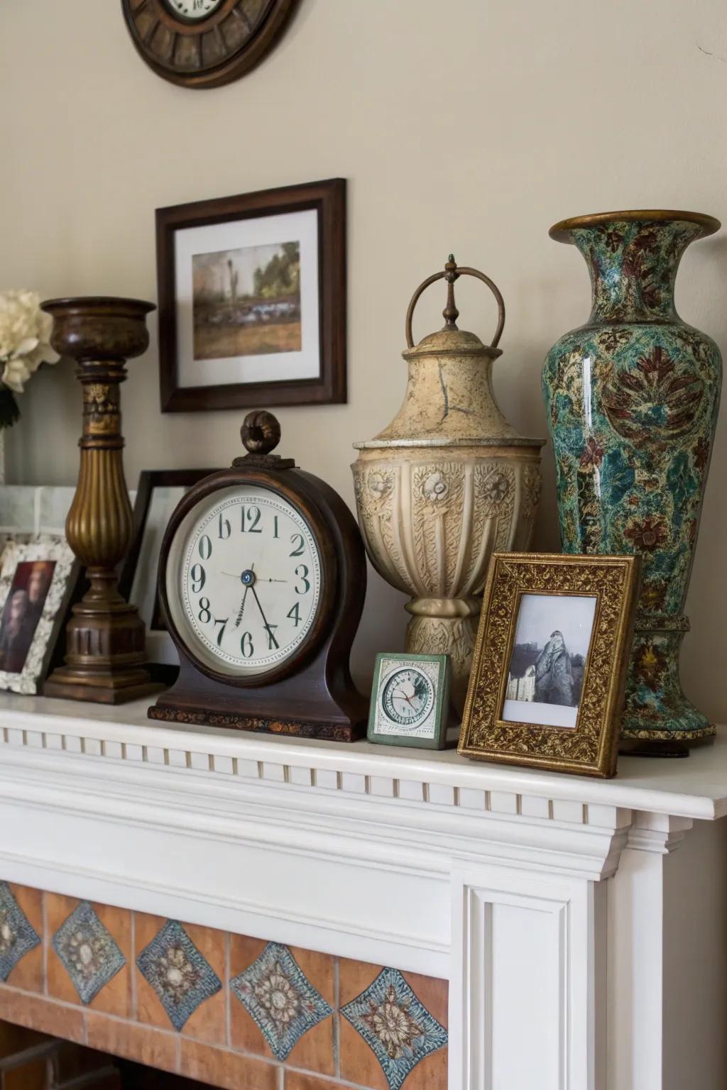 An eclectic mantel shows a personal style.