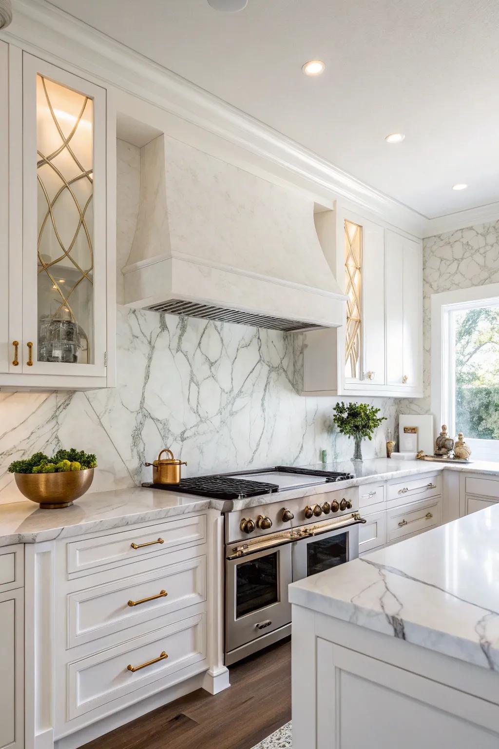 A kitchen senses luminousness and spaciousness through a pure alabaster marble backsplash.