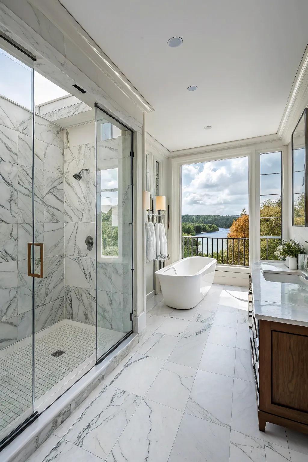 Stone and glass unite, crafting a modern, airy feel.