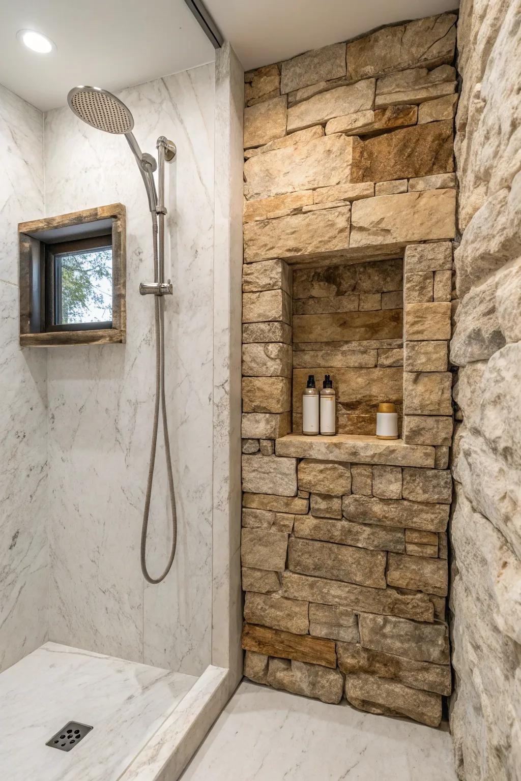 Natural raw-cut stone adds charm to a modern shower.