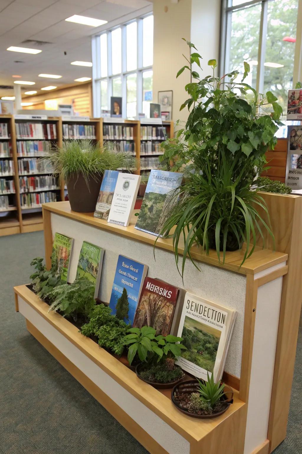 An inviting environmental book selections exhibit showcasing natural components.