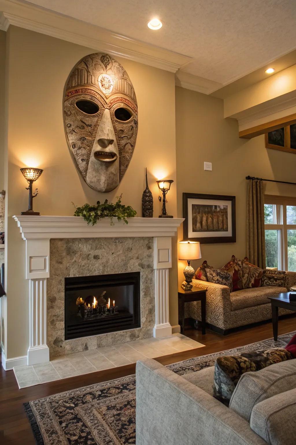 An audacious mask functions as a captivating highlight piece within this space.