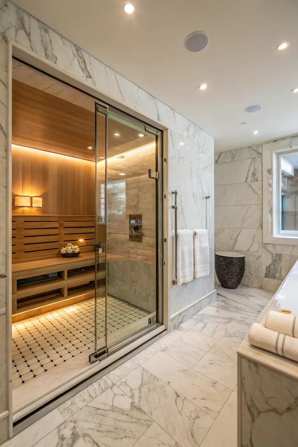 Spa-inspired bathroom equipped with a steam shower, designed to deliver ultimate relaxation.