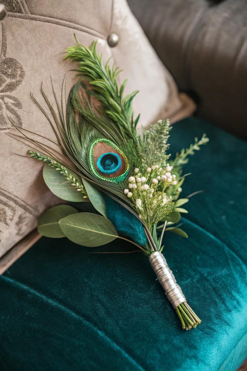 A peacock plume boutonniere introduces a unique touch.