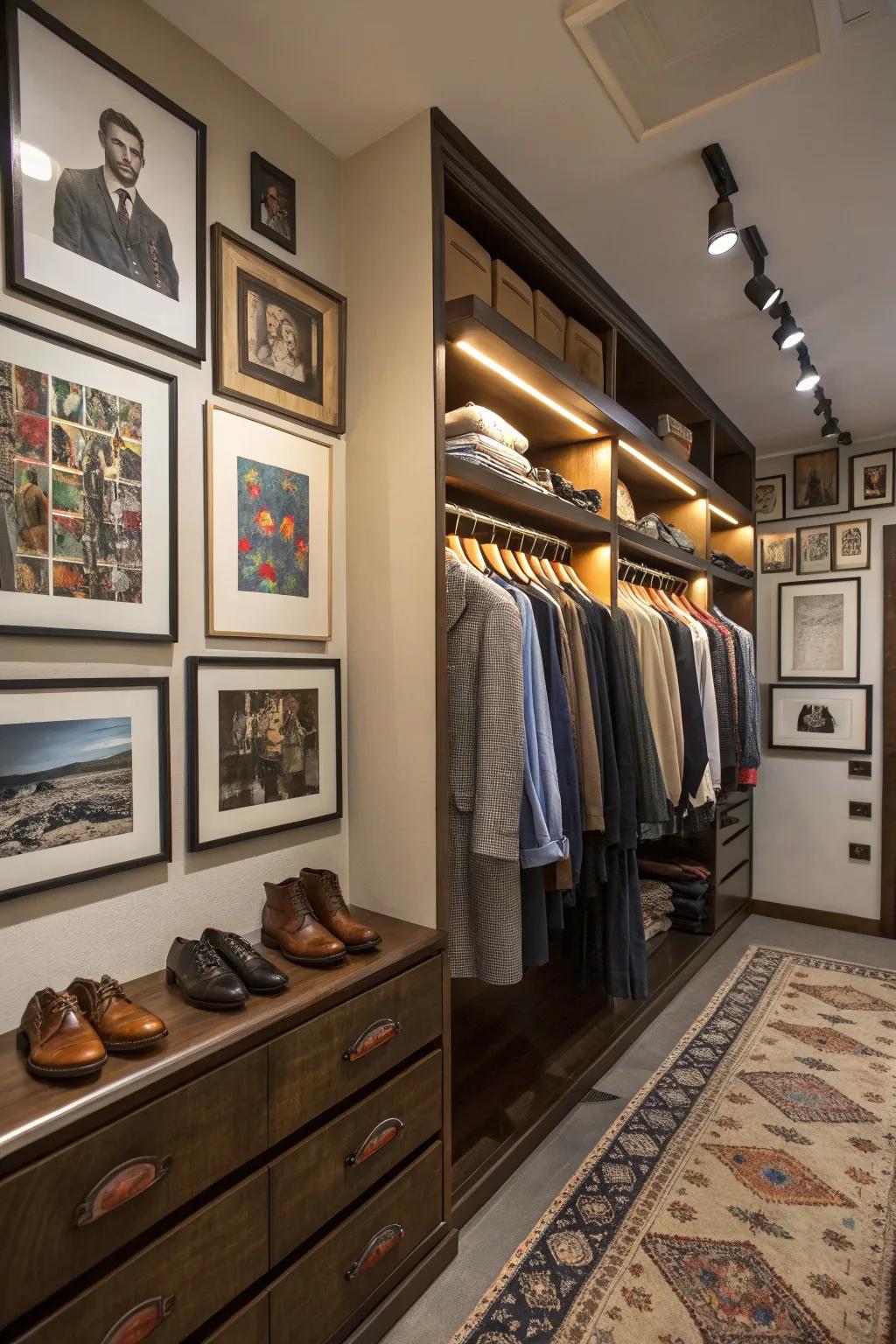 Individual touches that add warmth and personality to the closet.