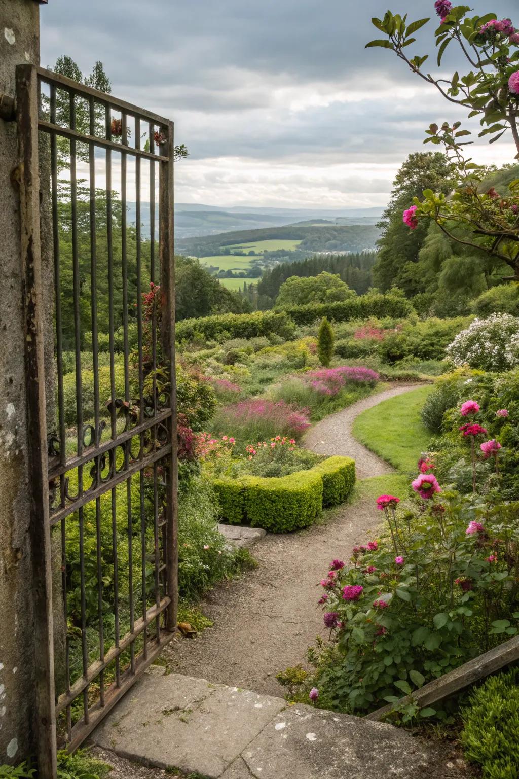 Gates that frame vistas impart a curated sensation to gardens.