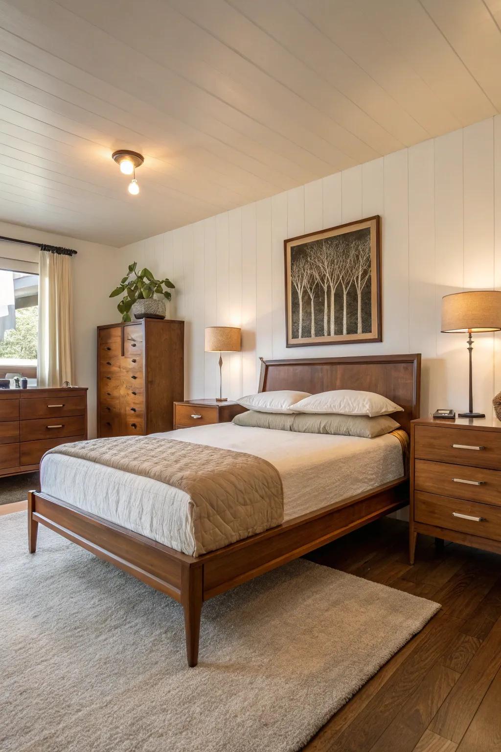A stylish platform bed and dresser combine function and flair in this mid-century modern bedroom.