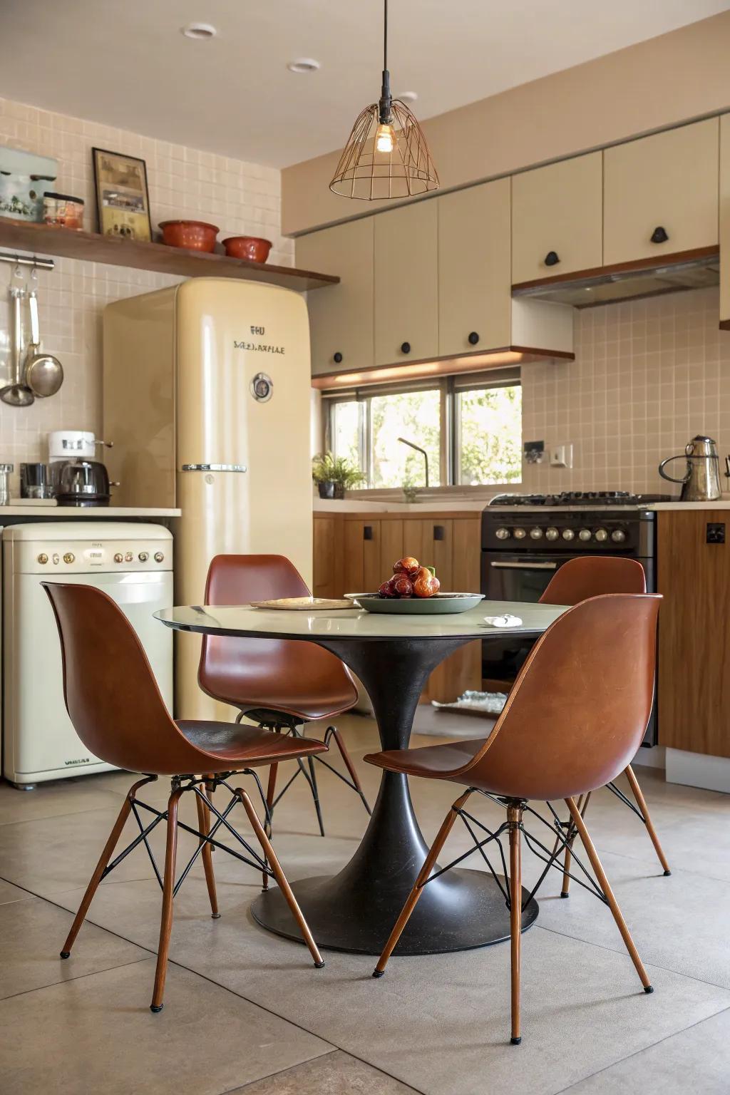 Eames-style chairs bring iconic design to this dining area.