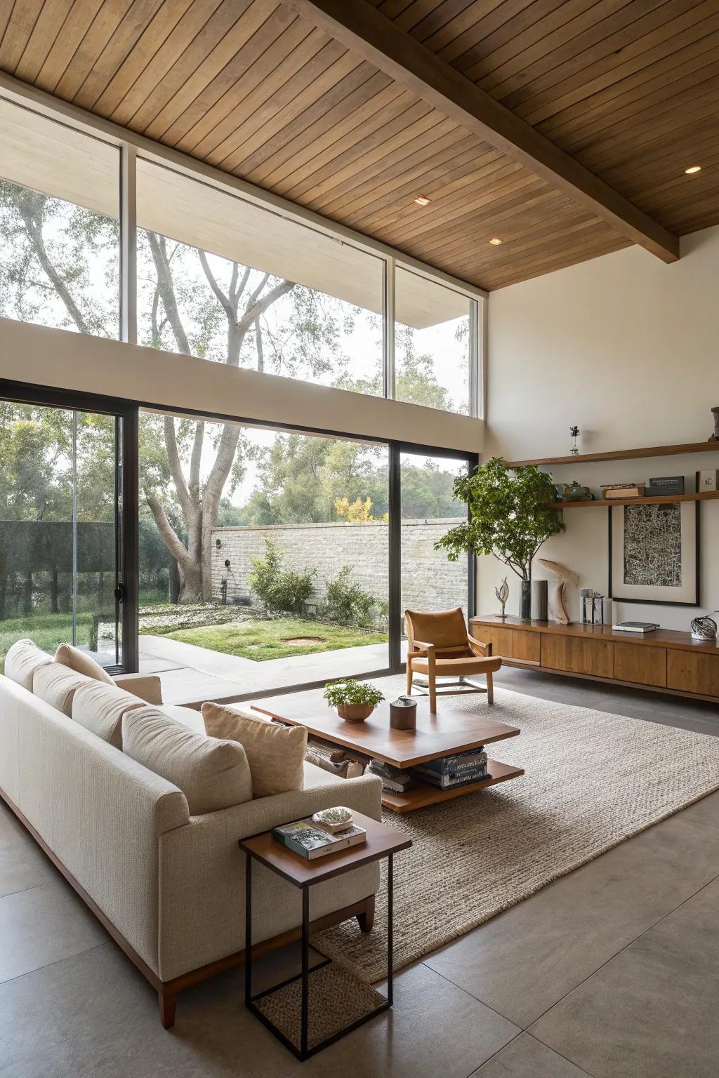 An open and bright layout with minimal clutter enhances this mid-century modern living space.