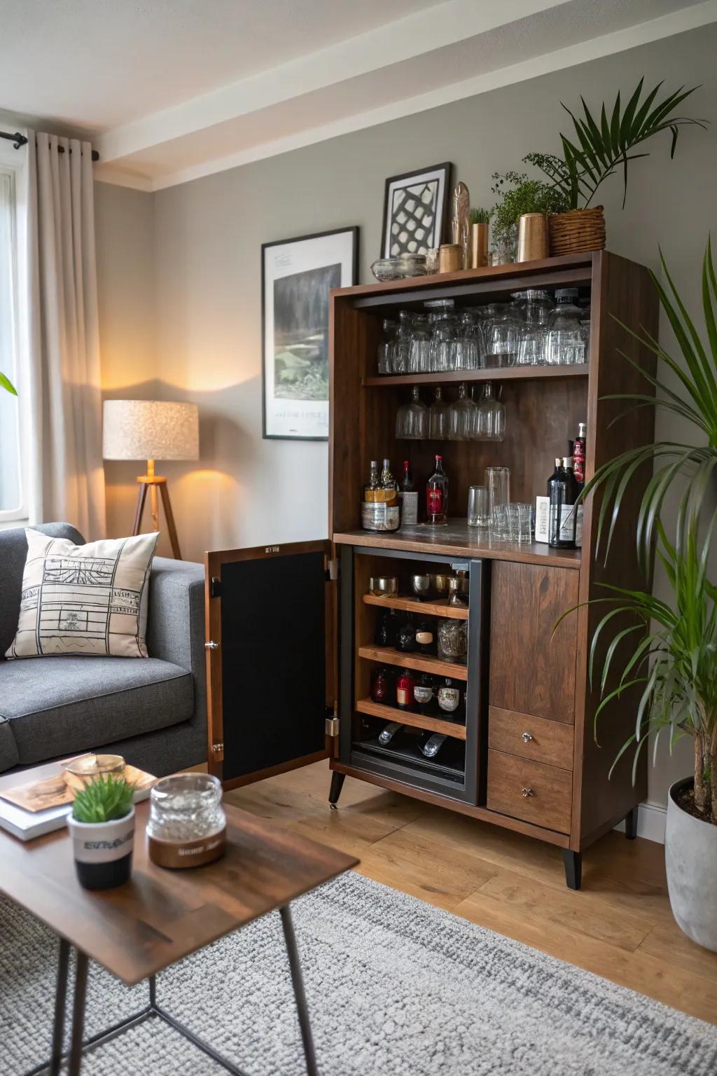 A compact bar cabinet effectively organizes essentials in limited spaces.