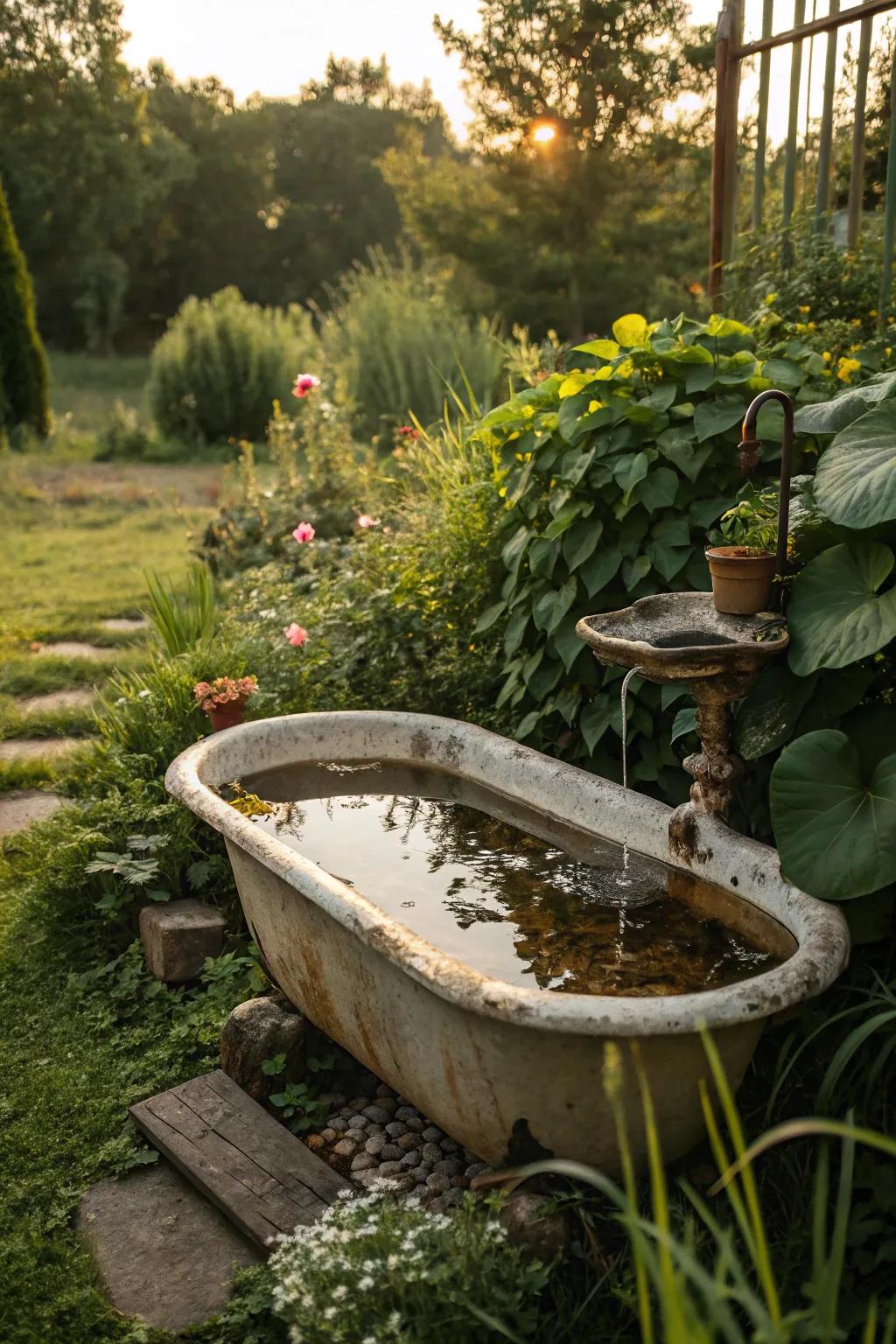 An old wash basin turned into an eco-friendly mini pond.