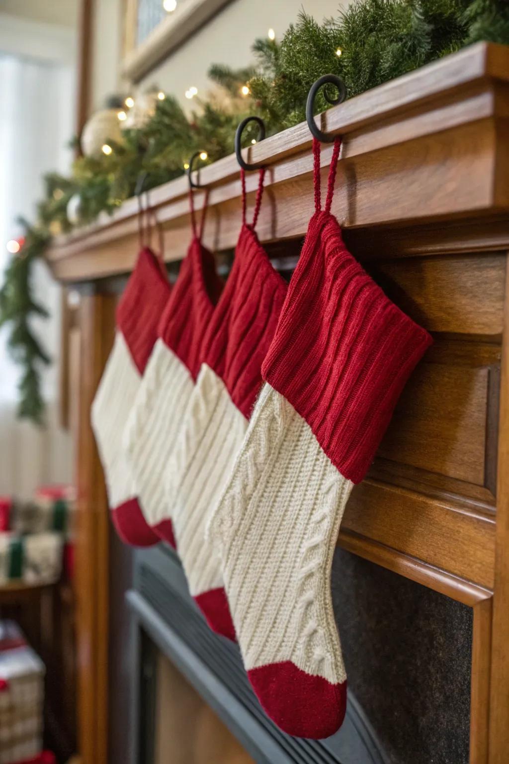 Basic knit foot warmers contributing texture to a minimalist Christmas theme.