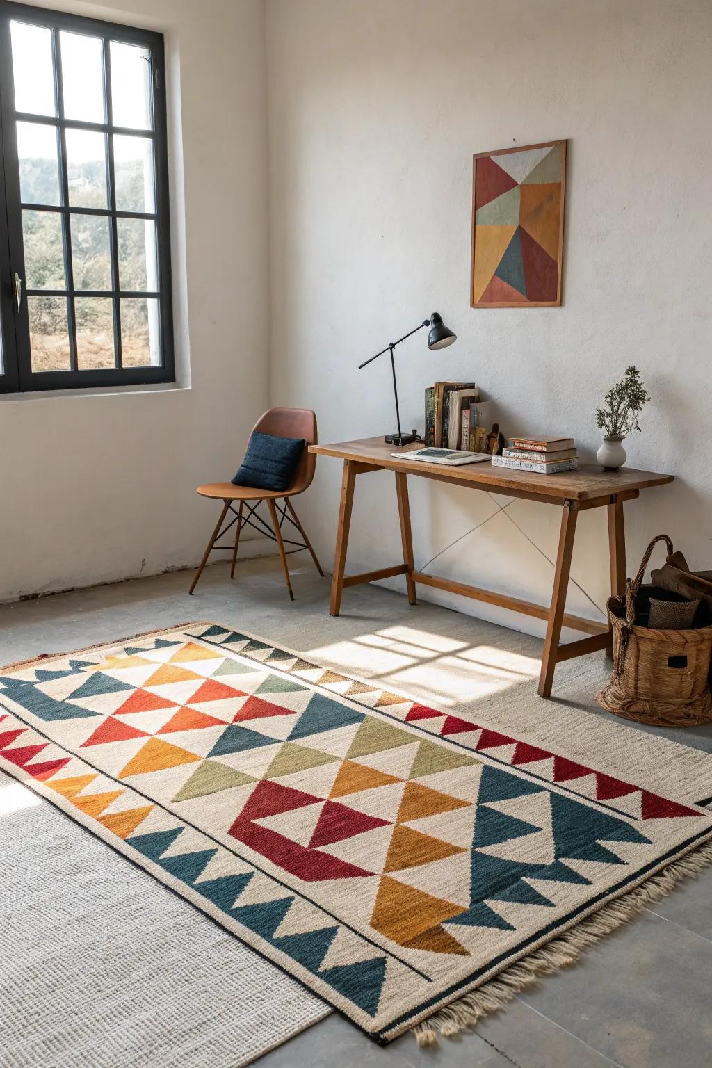 Geometric patterns subtly enhance minimalist decor.