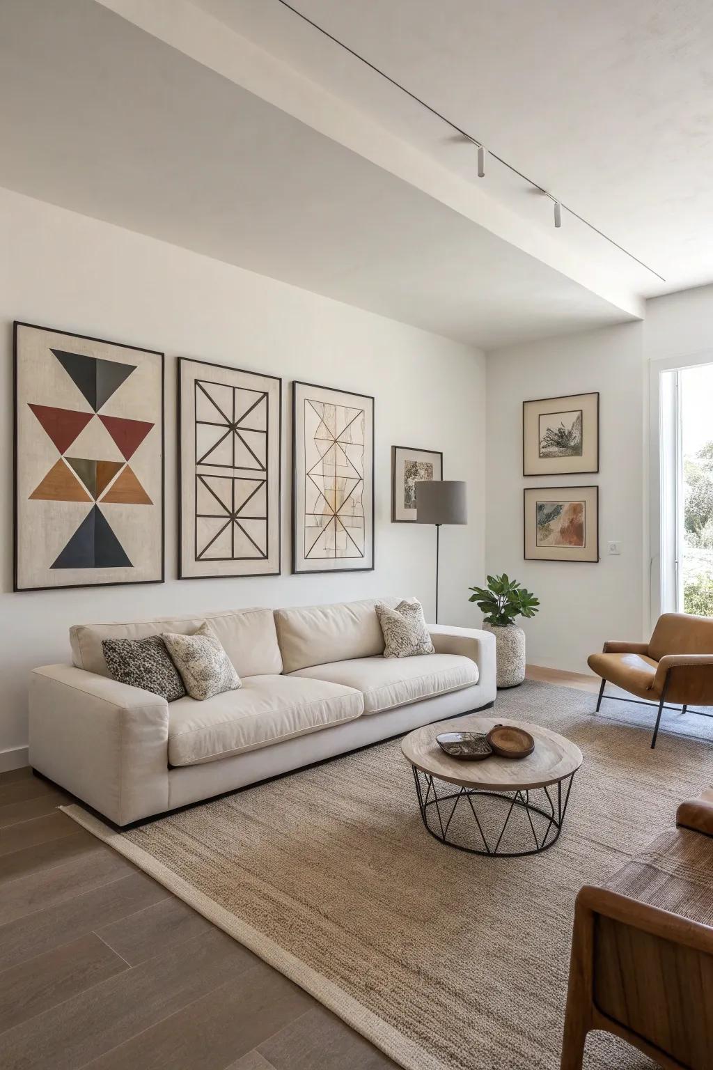 Unpretentious geometric artwork enhances the minimalist vibe with a personal touch.