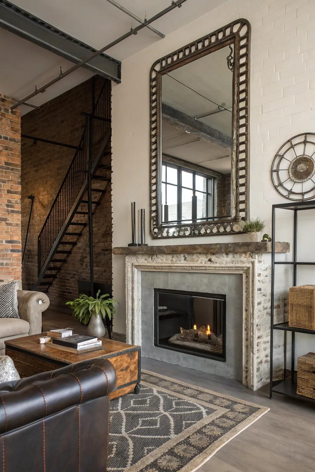 Metal-framed looking glasses add a modern industrial edge.