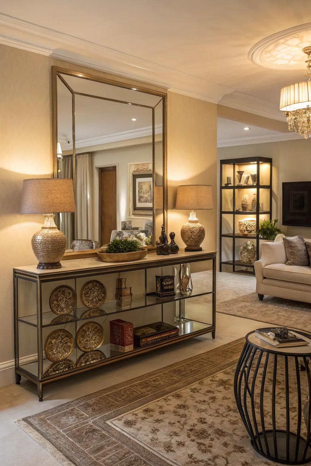 A mirrored ledge crafted to serve as a captivating focal element within the living room.