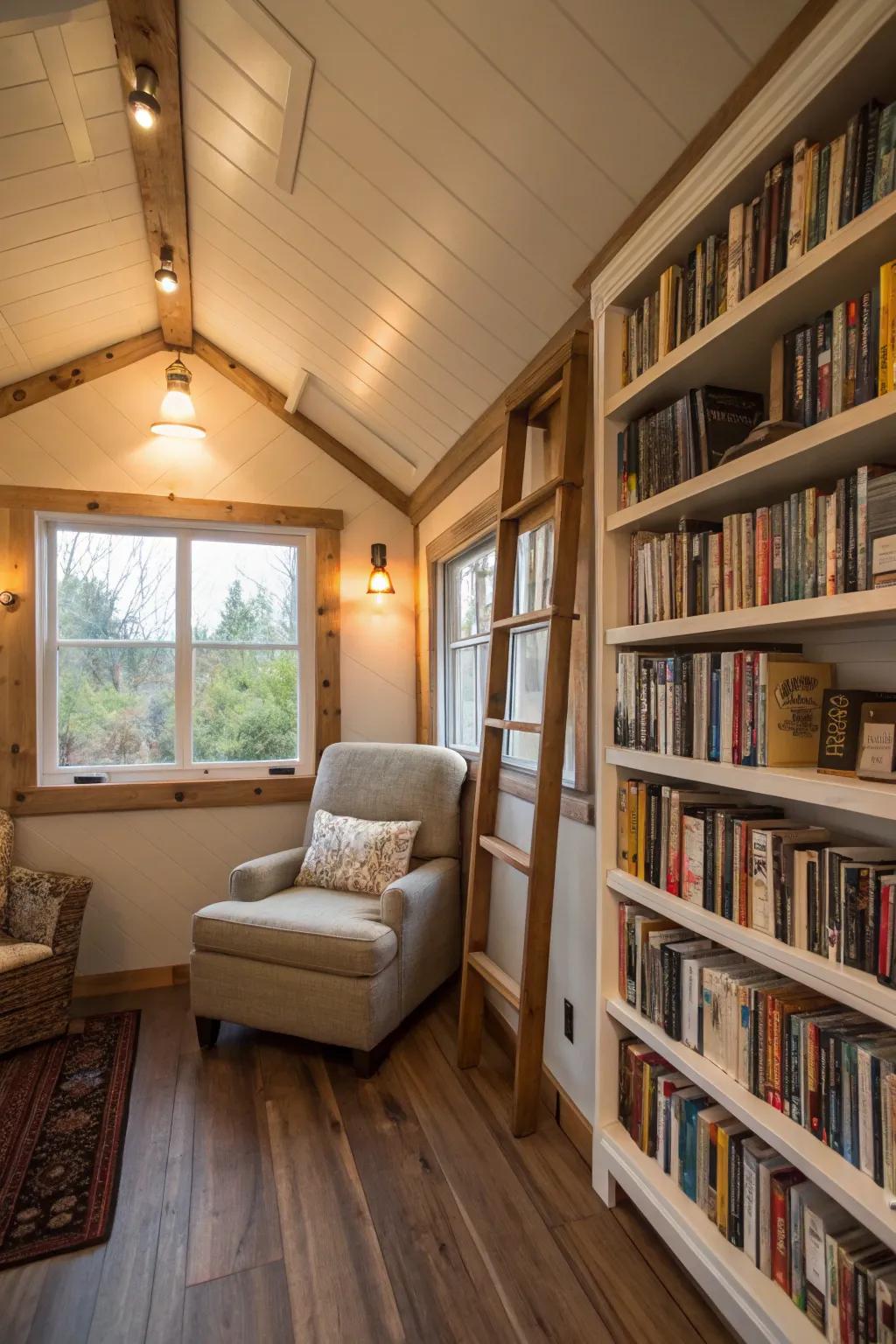 A snug loft area boasting books displays and a reading chair, optimizing vertical space within the mobile home.