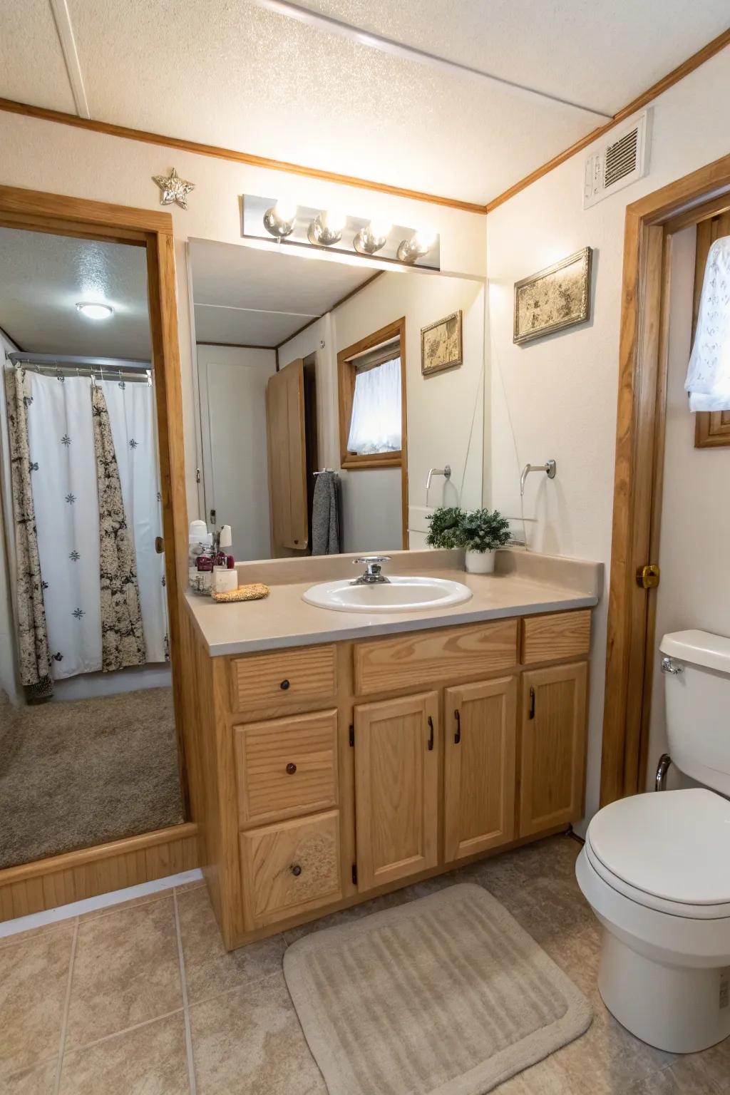 An elevated washstand instills a modern nuance whilst maximizing expanse.