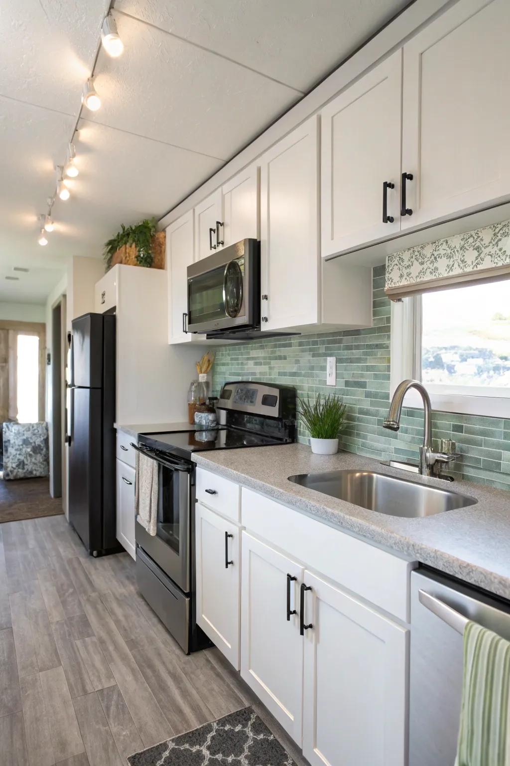 A glass tile backsplash imparts a modern accent.